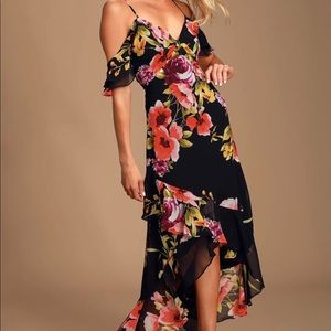 Black Floral Print Off-the-Shoulder High-low Dress